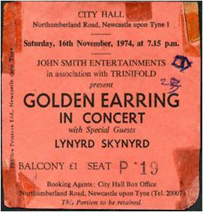 Golden Earring show ticket#P13 November 16, 1974 Newcastle - City Hall